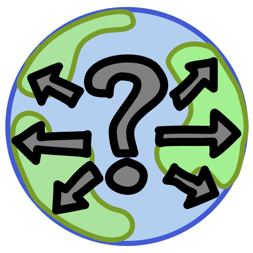 a 2D depiction of earth with a grey question mark surrounded by arrows on it